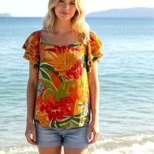 Rachel Rachel Roy Colorful Tropical Top Womens XL Tiered Flutter Sleeve Resort